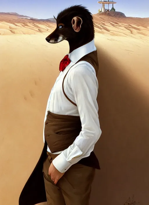 Image similar to Character portrait of a happy furry anthro stoat wearing a white dress shirt, tan vest, red bowtie, and black slacks in the desert wilderness, intricate, elegant, highly detailed, digital painting, artstation, concept art, smooth, sharp focus, illustration, art by Krenz Cushart and Artem Demura and alphonse mucha