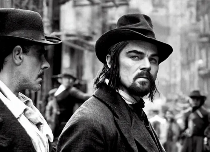 Image similar to an action scene from the movie gangs of new york, medium long shot, leonardo dicaprio and daniel day - lewis, sharp eyes, serious expressions, detailed and symmetric faces, black and white, cinematic, epic,