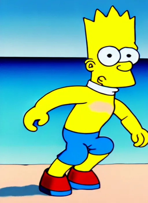 Image similar to professional photo of bart simpson, with muscular fit body and very very very detailed face, on the beach at noonday, blur background, original simpsons cartoon style