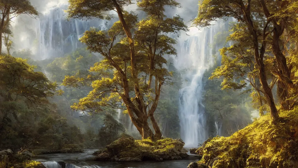 Prompt: the most beautiful panoramic landscape, oil painting, where a giant dreamy waterfall creates a river, the trees around are starting to bloom in a variety of colors, by greg rutkowski