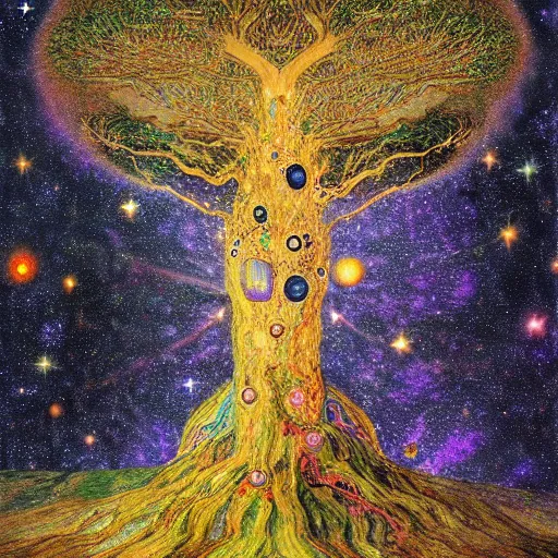 Prompt: a cosmic yggdrasil with galaxies hanging from the branches by thomas cole and gustav klimt, digital art, artstation, low angle,