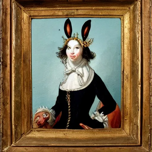 Prompt: a rabbit dressed as a queen wearing a crown, 18th century oil painting