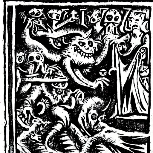 Image similar to medieval bestiary of repressed emotion monsters and creatures starting a fiery revolution in the psyche, in the style of vintage black and white Fleischer cartoons