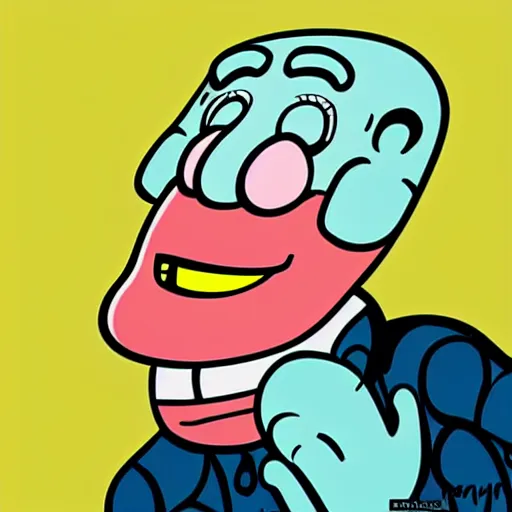 Prompt: handsome squidward as man, big smile, strong chin, handsome, pop art style