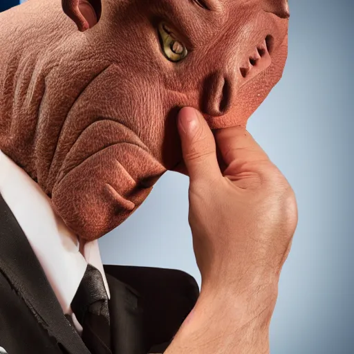 Image similar to closeup of a pig man as he cries as he pays taxes in a suit, airbush, hyper detailed, photorealistic, professional lighting.