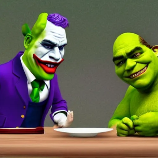 Image similar to photograph of a presidential debate between the Joker and Shrek. 8k resolution. hyperrealism.