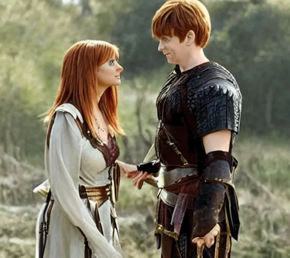 Image similar to a movie still of sarah gellar as xena speaking to ron weasley in the movie harry potter