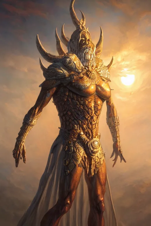 Image similar to humanoid god of the sun, highly detailed, d & d, fantasy, hyper detailed, digital painting, trending on artstation, apollo, concept art, sharp focus, illustration, art by artgerm and magali villeneuve and greg rutkowski and michael whelan, cryengine, 8 k realistic atmospheric lighting, frostbite 3 engine