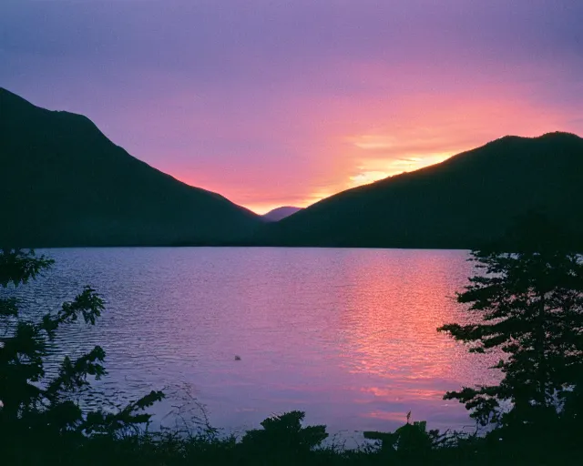 Image similar to sunset over the lake in the mountains, kodak portra 8 0 0