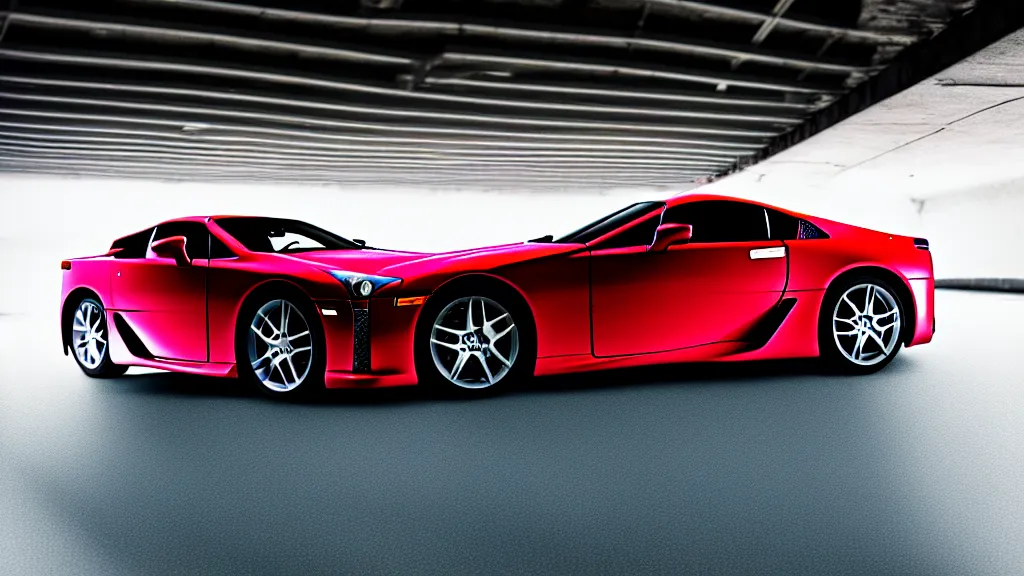 Image similar to a three quarter shot of a lexus lfa in a parking garage, 4k, hyper realistic, car photography