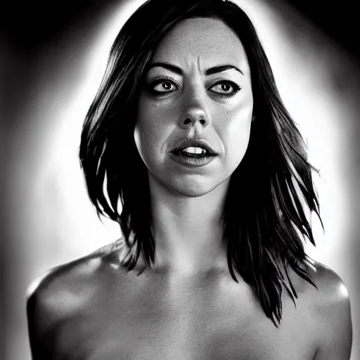 Image similar to aubrey plaza as witchblade by michael turner, studio lighting, depth of field, photography, black and white, highly detailed