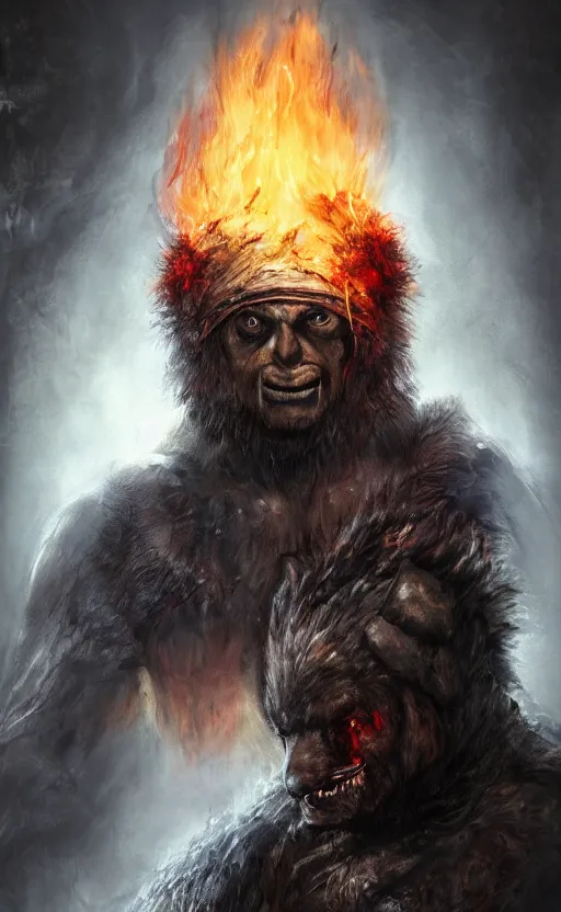 Image similar to Portrait of a bear beast-man wearing a turban with fire in his eyes wear, bloodborne concept art, trending on Artstation, photorealistic image, 8k.