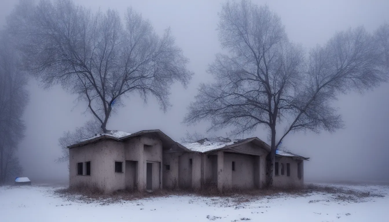 Image similar to russian style concrete house, abandoned, lifeless, winter, foggy blizzard, atmospheric, mystical, very detailed 4 k