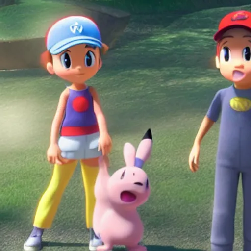 Image similar to Misty, Ash and Brock, film still from the 3d Pixar Pokémon movie