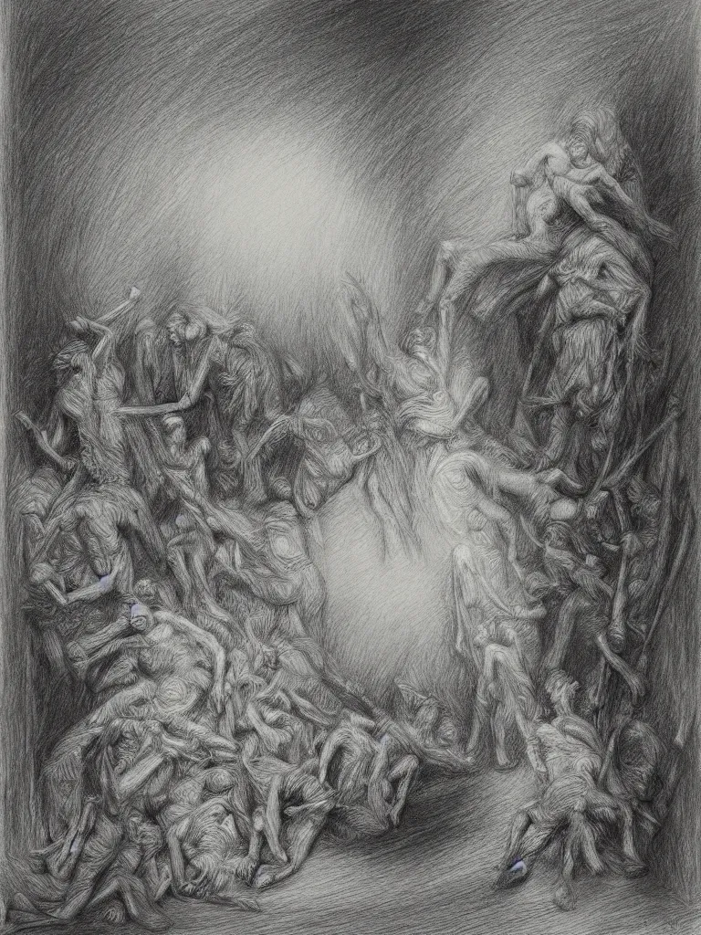 Image similar to inside my nightmares, charcoal detailed drawing, Greg Rutkoski style, Gustave Dore style,