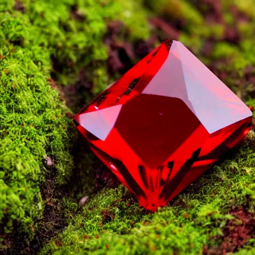 Prompt: beautiful red crystal laying on a bed of moss, photorealistic, macro