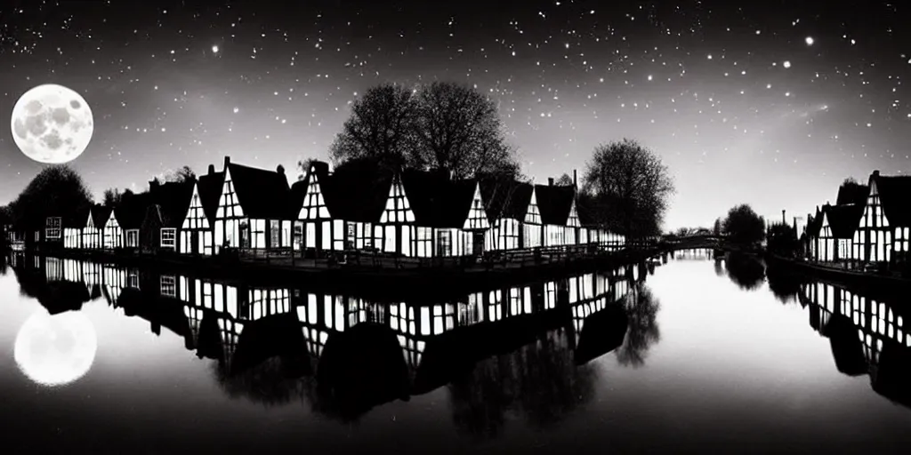 Prompt: Dutch houses along a river, silhouette!!!, Circular white full moon, black sky with stars, lit windows, stars in the sky, b&w!, Reflections on the river, a man is punting, flat!!, Front profile!!!!, high contrast, HDR, concept art, street lanterns, 1904, Style of Frank Weston, illustration