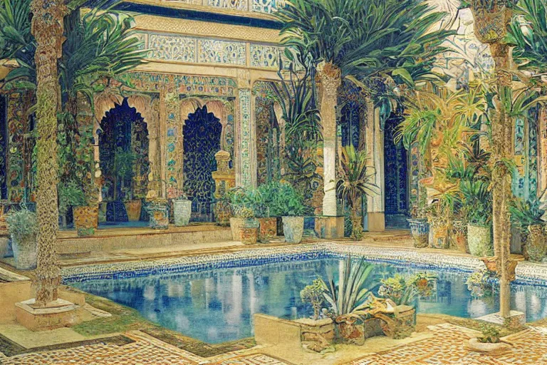 Prompt: painting of a beautiful moorish palace courtyard garden, by rudolf ernst and maxfield parrish and arkady rylov, patterned tilework, palm trees, tiled fountains, extremely detailed, cinematic lighting, smooth sharp focus