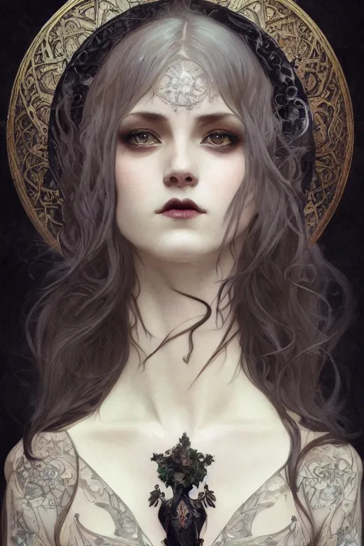 Image similar to portrait of a pretty gothic with tattoo, intricate, elegant, highly detailed, digital painting, artstation, concept art, smooth, sharp focus, illustration, art by artgerm and greg rutkowski and alphonse mucha and william - adolphe bouguereau