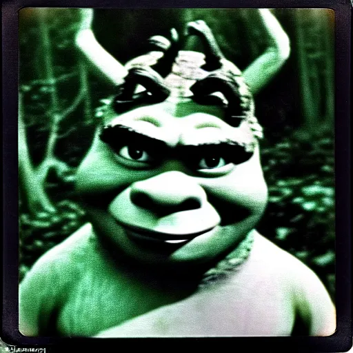 Image similar to 1 9 6 0's old polaroid of shrek staring from the depths of the dark gloomy forest, photorealistic, grainy, found footage, old film, low quality, horror, creepy, unsettling, liminal, strangely terrifying