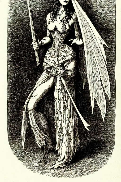 Image similar to cait sidhe, as a demon from the dictionarre infernal, pen - and - ink illustration, etching by louis le breton, 1 8 6 9, 1 2 0 0 dpi scan, ultrasharp detail, hq scan, intricate details, stylized border