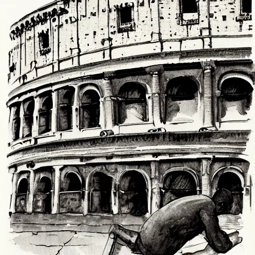 Prompt: man making lemonade in front of the colosseum, monochrome watercolor painting