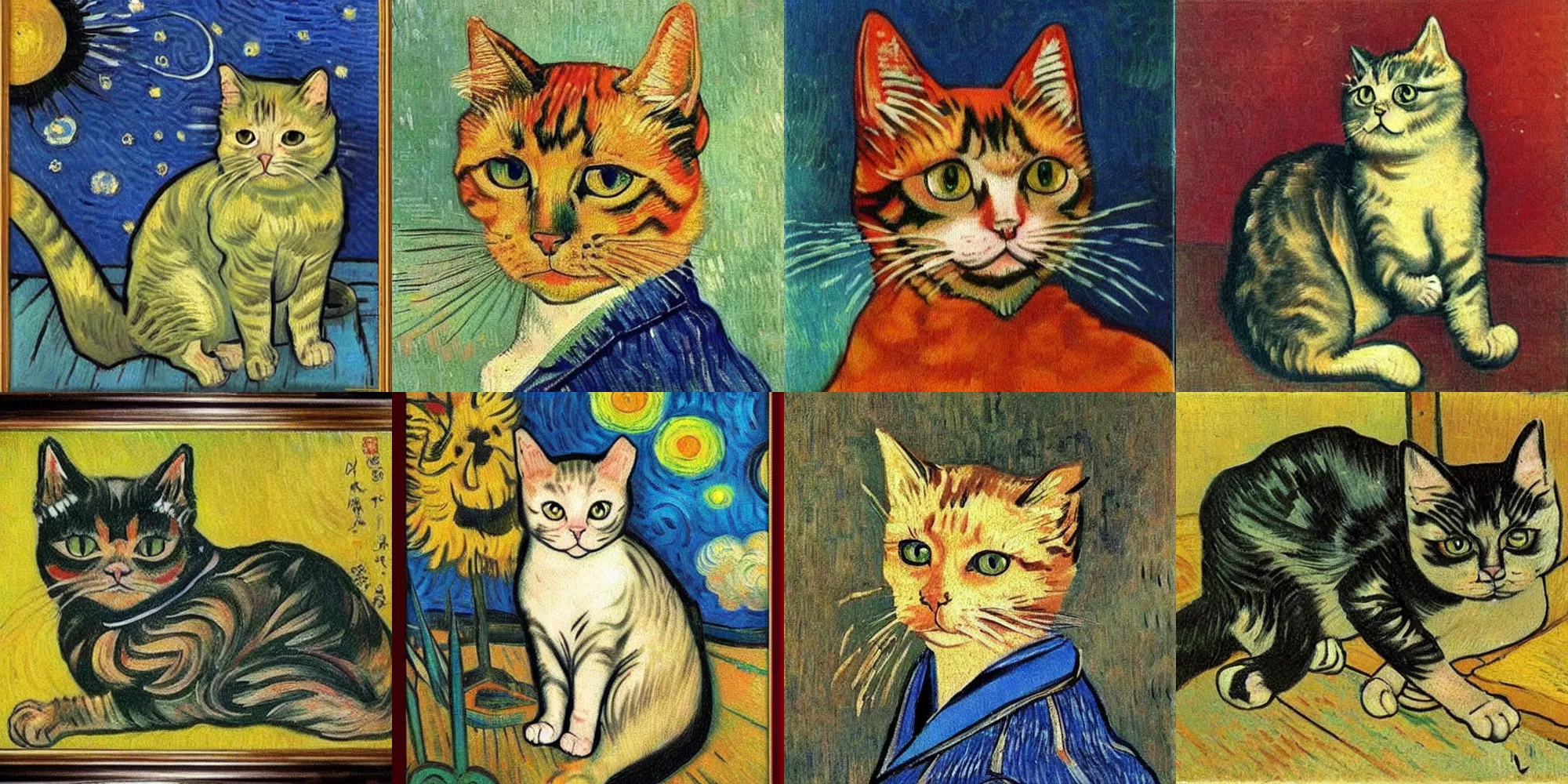 Prompt: tattoo cat by van gogh, oil panting on canvas, japanese cat, japanese