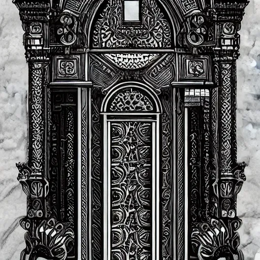 Image similar to ancient fantasy marble gate, neonpunk, mega structure, symmetric, intricate details