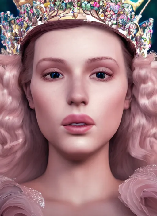Image similar to closeup face profile portrait of a fairytale princess wearing a crown eating cakes, bikini, depth of field, zeiss lens, fashion photoshoot, by dan decarlo, breathtaking, 8 k resolution, extremely detailed, beautiful, establishing shot, artistic, hyperrealistic, octane render