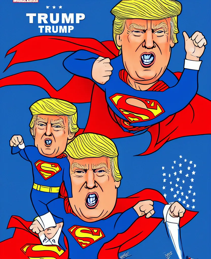 Prompt: a poster of donald trump in a superman with creepy joe biden costume by joe mangrum, trending on deviantart, futurism, movie poster, poster art, 3 2 k uhd, american propaganda, futurism, toyism