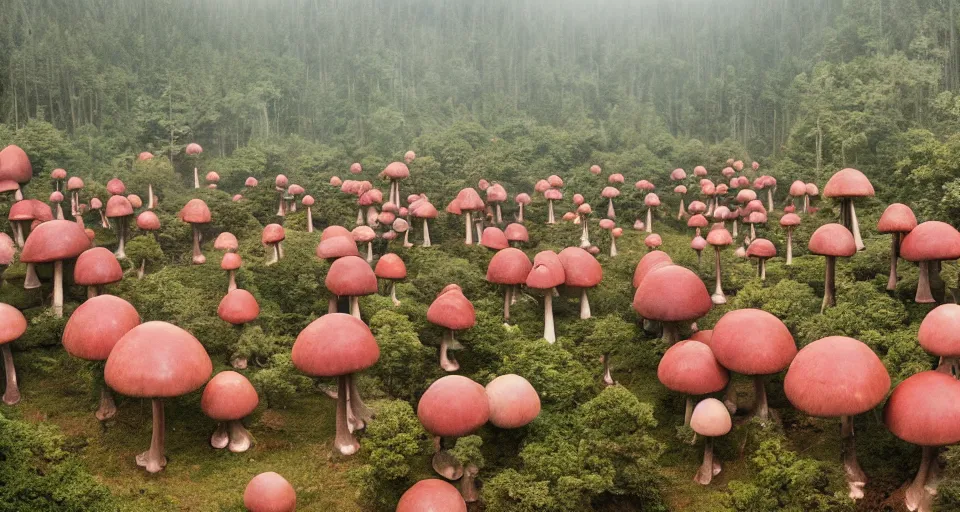 Image similar to A tribal village in a forest of giant mushrooms, by Wes Anderson,