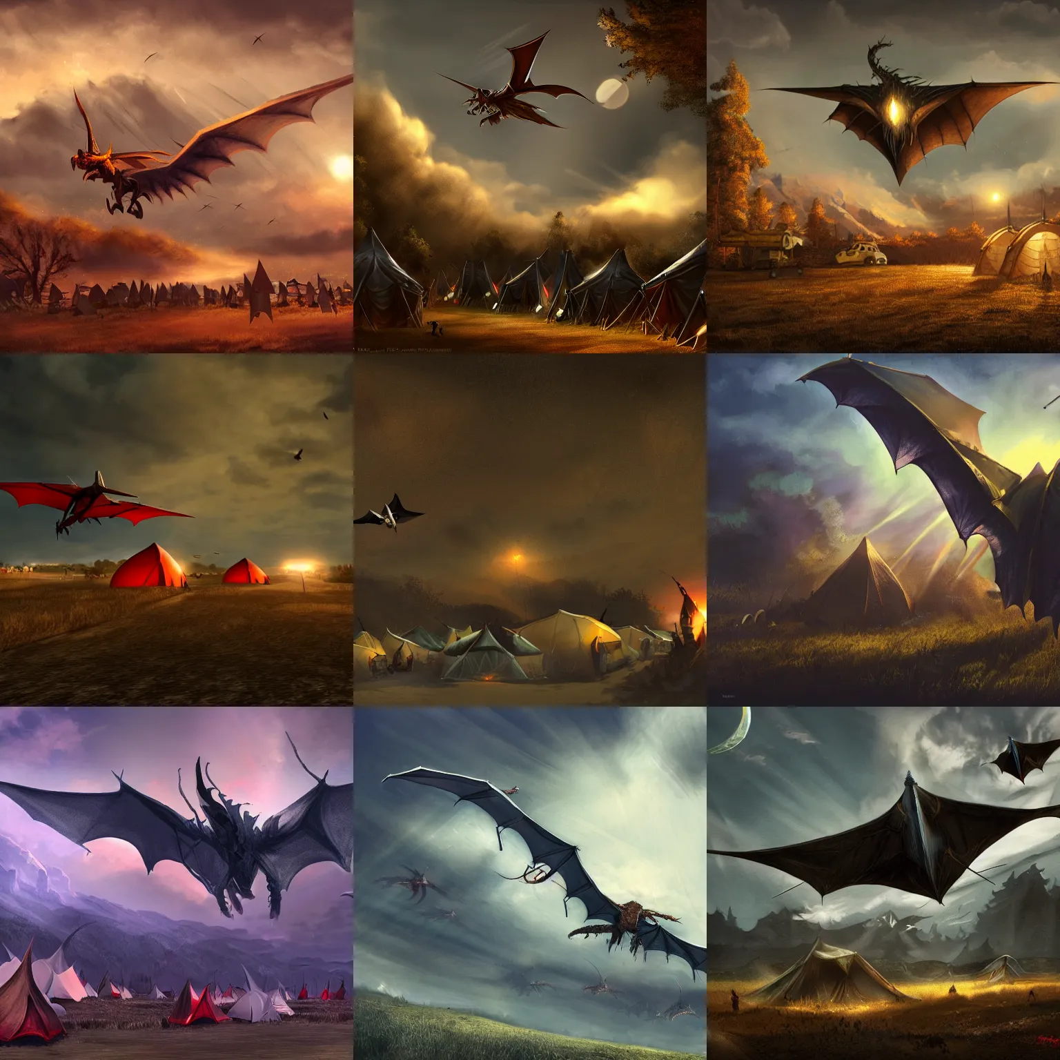 Prompt: wyvern flying low over tents on a plain, at night, fantasy art, artstation, dnd, dramatic lighting, concept art, 4 k, hyper realistic