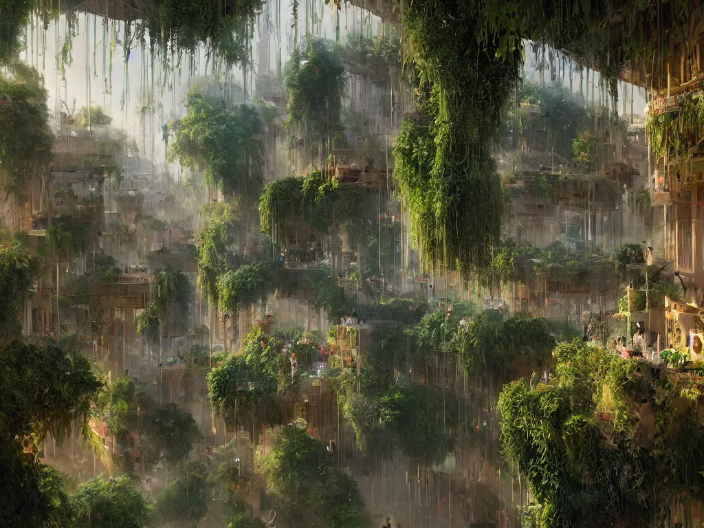 Image similar to the green city of babylon with its wonderful hanging gardens at dawn, intricate, elegant, volumetric lighting, digital painting, highly detailed, artstation, sharp focus, illustration, concept art, ruan jia, steve mccurry