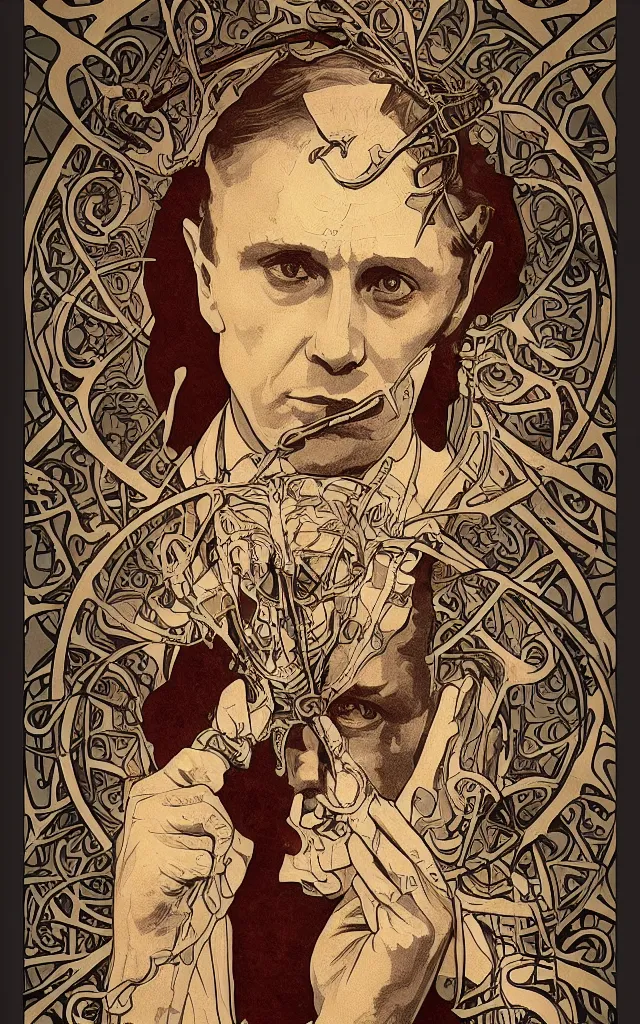 Image similar to Hannibal Lecter from NBCs Hannibal in portrait Alphonse Mucha art nouveau style, detailed high definition poster, photorealistic brutal artwork, featured on artstation, powerful, high definition, large file size, advertisement