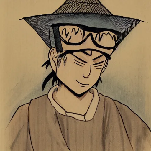 Prompt: a man wearing a rice hat by eiichiro oda