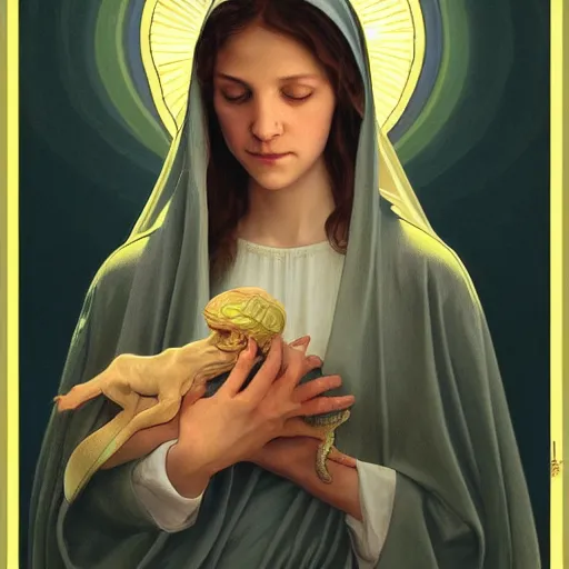 Image similar to the virgin mary holding a reptile, no baby, no baby, highly detailed, digital painting, concept art, smooth, sharp focus, illustration, surrealist, absurd, humorous, photoshop, art by artgerm and greg rutkowski and alphonse mucha