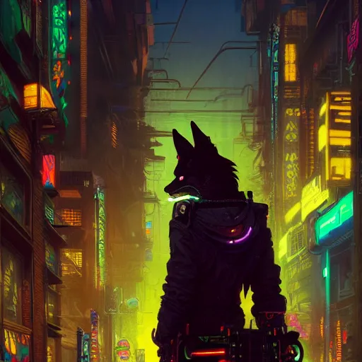 Image similar to anthropomorphic coyote character wearing black cyberpunk skater clothes with neon highlights in a cyberpunk city. Renowned character illustration by greg rutkowski, thomas kindkade, alphonse mucha, loish, norman rockwell. Trending on artstation 4k. Highly detailed. Digital art.