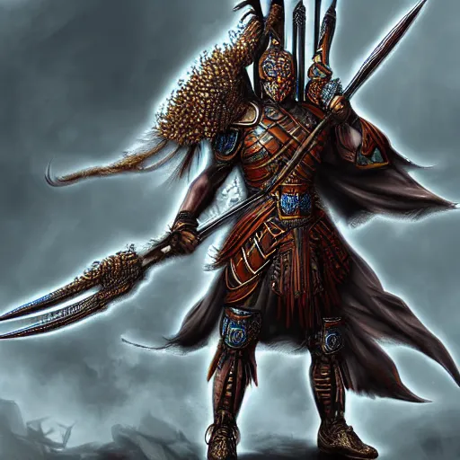 Image similar to epic chthonic ancient warrior by Boris Valejio, high detailed digital art