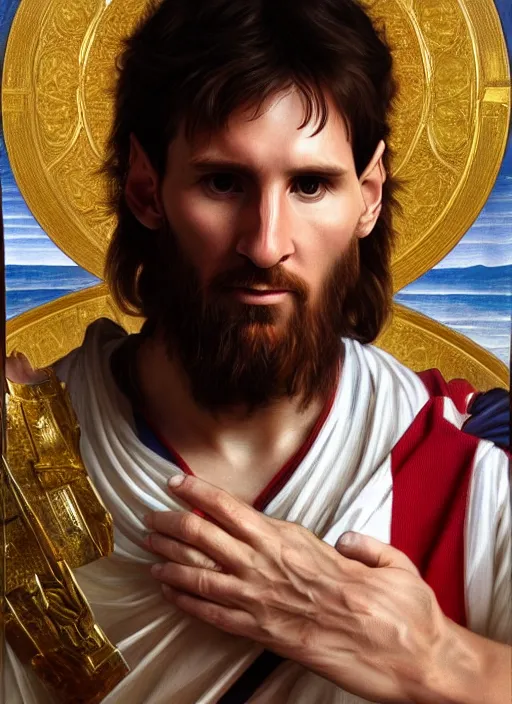 Image similar to portrait lionel messi as jesus, full length shot, shining, 8 k highly detailed, sharp focus, illustration, art by artgerm, mucha, bouguereau