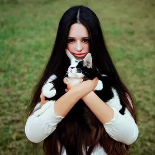 Image similar to a girl with long dark hair holding a cat in her arms, pexels contest winner, rasquache, high quality photo, rtx, hd, shiny eyes, a renaissance painting by sailor moon, anime, anime aesthetic