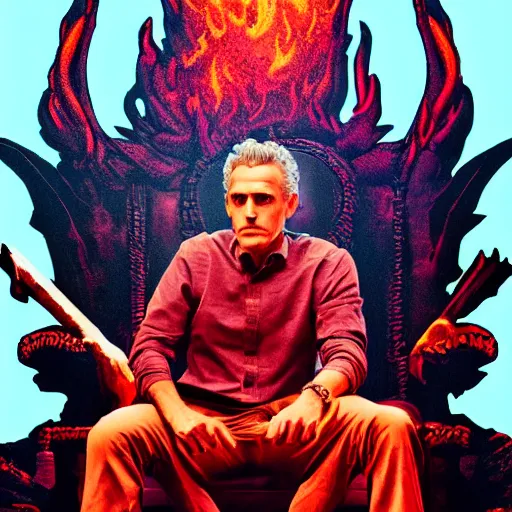 Image similar to jordan peterson seated on the throne of hell, highly detailed, fiery, red hues, lens flare