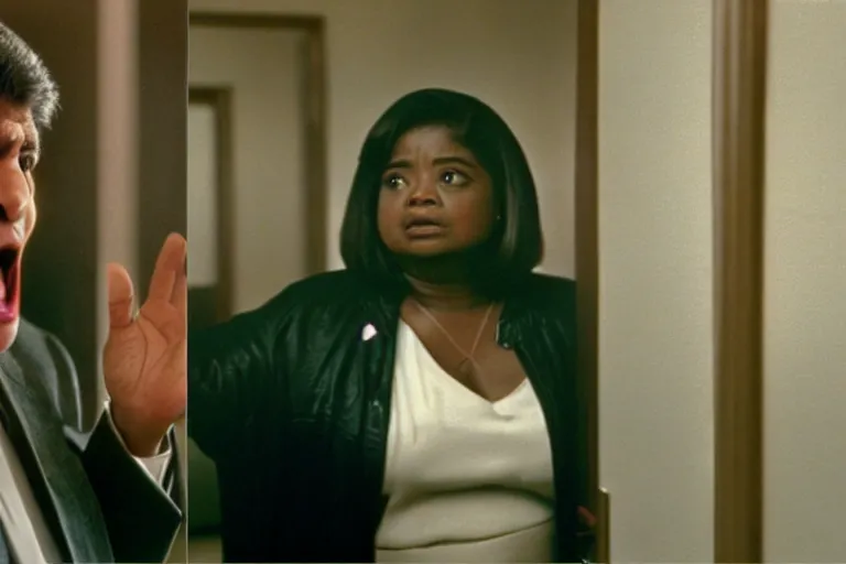 Image similar to cinematic shot from a 1 9 8 5 paranoid thriller, screenshot of octavia spencer yelling at senator joe manchin's ear, in the near future, film directed by stanley kubrick, color theory, apartment design, leading lines, photorealistic, volumetric lighting