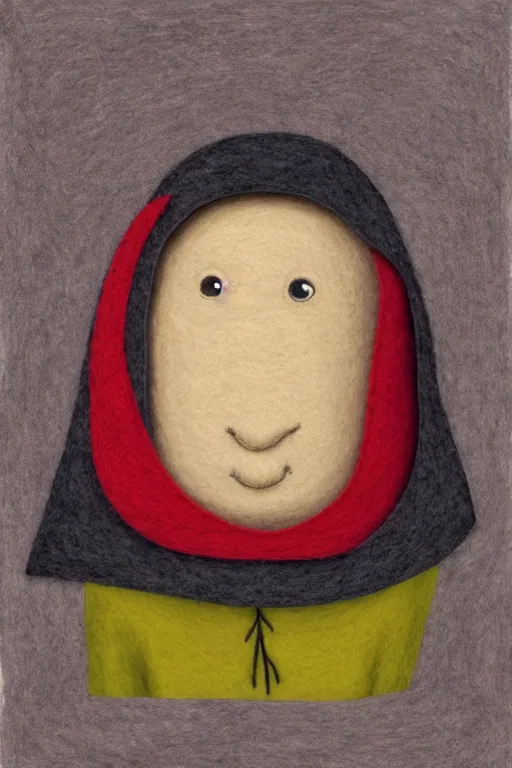 Image similar to felt illustration, portrait of a small character, with a big head, wearing a hood