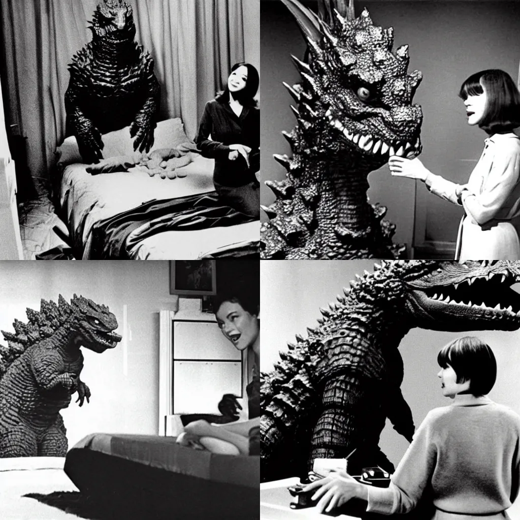 Prompt: godzilla is in a french bedroom with anna karina. gozilla is a big monster with scales. godzilla talks to anna karina