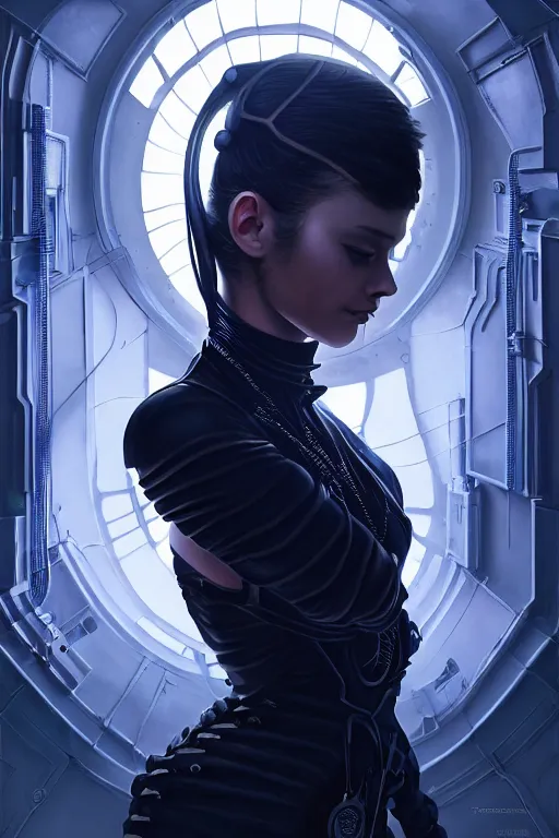 Image similar to portrait futuristic beautiful and stunning and gothic female army navy, at inside of a future submarine, ssci-fi, fantasy, intricate, very very beautiful, elegant, neon light, highly detailed, digital painting, artstation, concept art, soft light, hdri, smooth, sharp focus, illustration, art by tian zi and craig mullins and WLOP and alphonse mucha