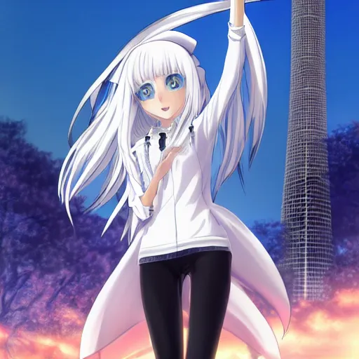 Image similar to aristocratic platinum - blonde - haired hime - cut blue - eyed princess wearing white leggings and black jacket, standing next to communist monument, anime, hd anime wallpaper, hyperrealistic lighting, drawn by artgerm