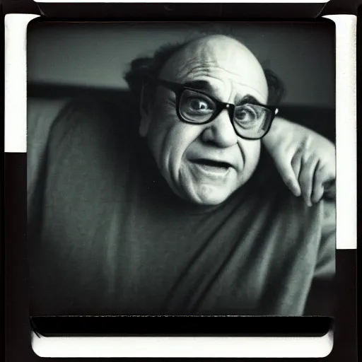 Image similar to A creepy polaroid photo of Danny Devito staring at you from the end of the hallway.