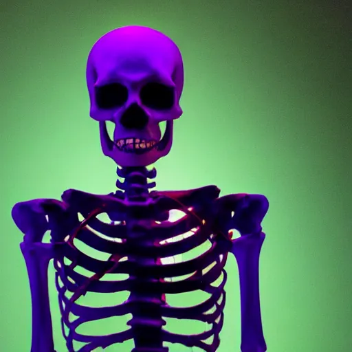 Prompt: a skeleton smoking a cigarette, soft purple glow, 8k, film still, alexa 65,