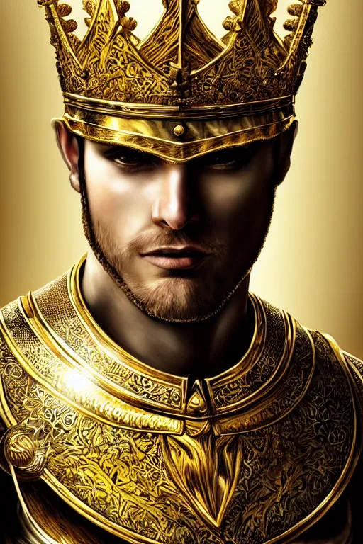Image similar to Hyper-realistic upper-body Portrait of the King of the Desert, Warrior, Gold Armour and Crown, Sword, handsome attractive face, attractive young man, beautiful face, photo realistic, dramatic lighting, majestic, trending on artstation, elegant, intricate, highly detailed, digital painting, concept art, sharp focus, illustration, art by artgerm and greg rutkowski and alphonse mucha