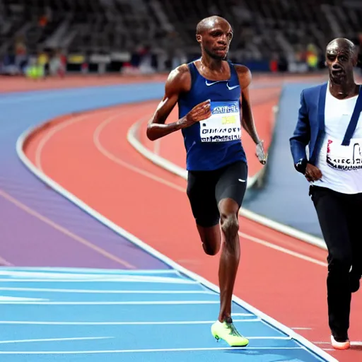 Image similar to Emmanuel Macron running with Hussein Bolt at the stadium